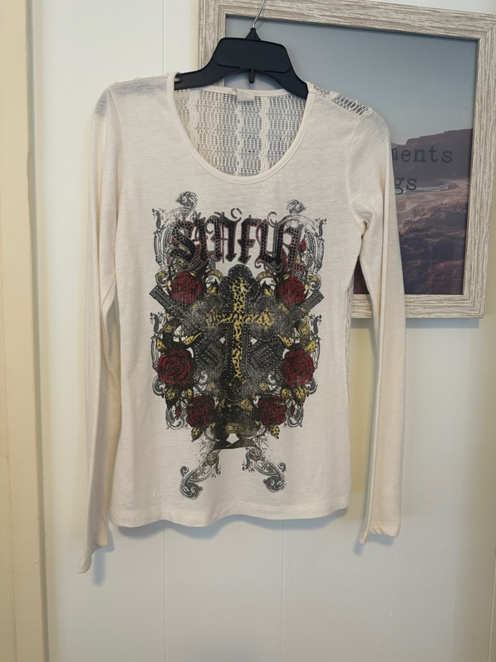 Size Small Sinful Cream Long-Sleeve Graphic Tee with Lace Back
